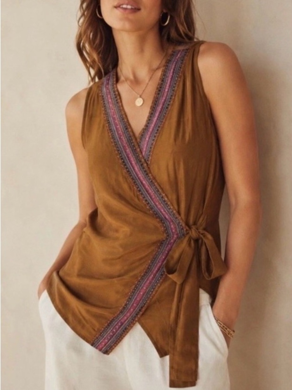 Maeve Brown Sleeveless Wrap Top with Multicolor Embroidery